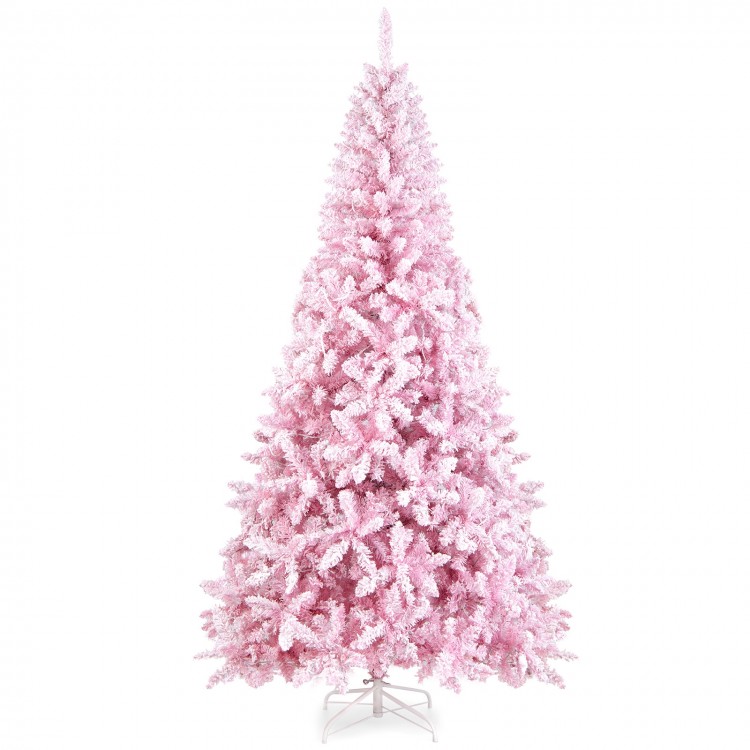7.5 feet flocked pink Christmas tree with 450 warm white LED lights, perfect for holiday decor in homes or offices.