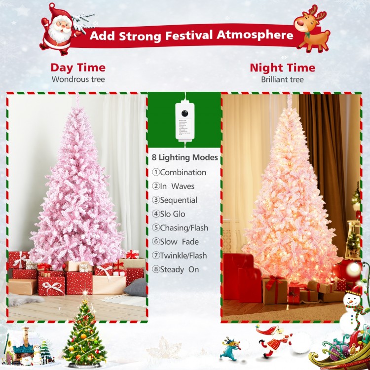 7.5 feet flocked pink Christmas tree with 450 warm white LED lights and 8 lighting modes, perfect for festive decor.