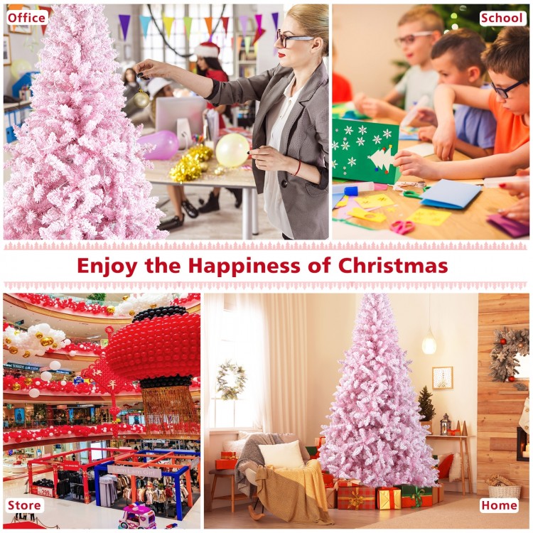 7.5 feet flocked pink Christmas tree with 450 warm white LED lights, perfect for festive home, school, or office decor.