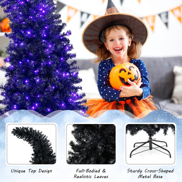 7-foot pre-lit Halloween tree with unique shape, 400 purple and orange lights, and sturdy cross-shaped metal base.