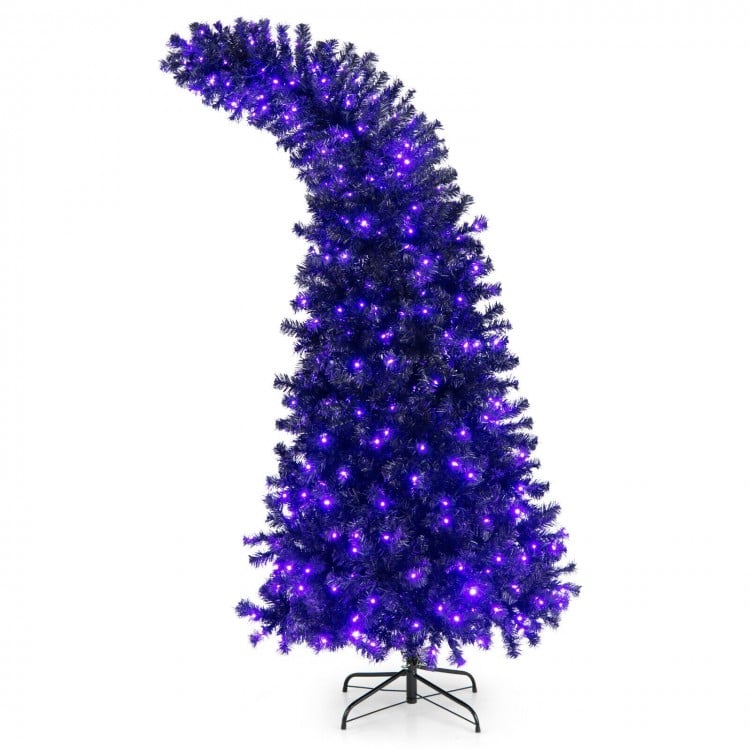 7-foot pre-lit Halloween tree with purple lights, unique shape, and 400 LED lights for festive decoration.
