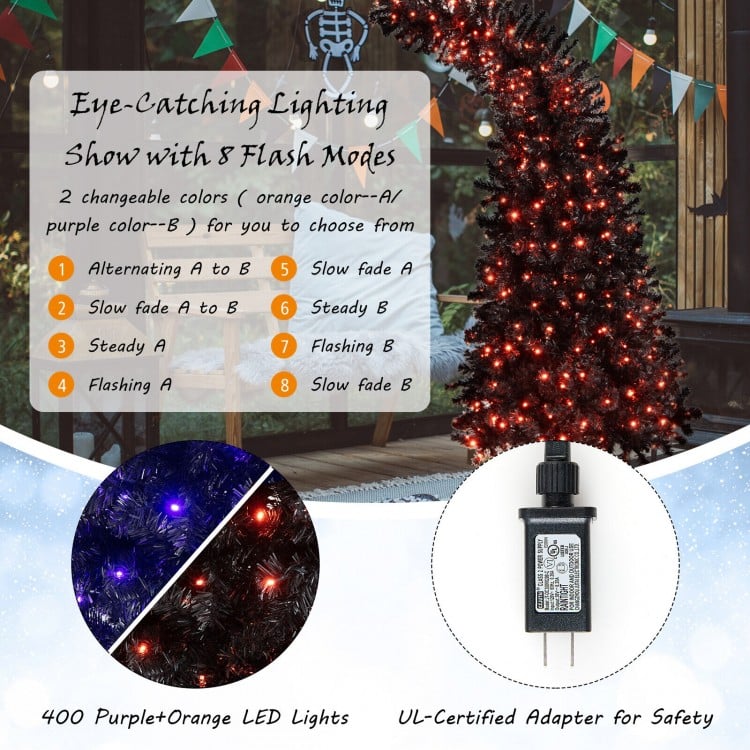 7-foot pre-lit Halloween tree with 400 purple and orange LED lights, featuring 8 flash modes for festive decoration.