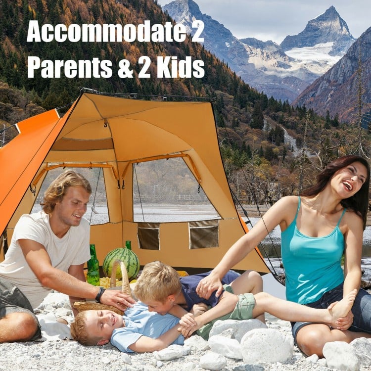 Easy pop-up beach tent in orange, accommodating 2 adults and 2 kids, with UPF 50+ protection for sunny days.