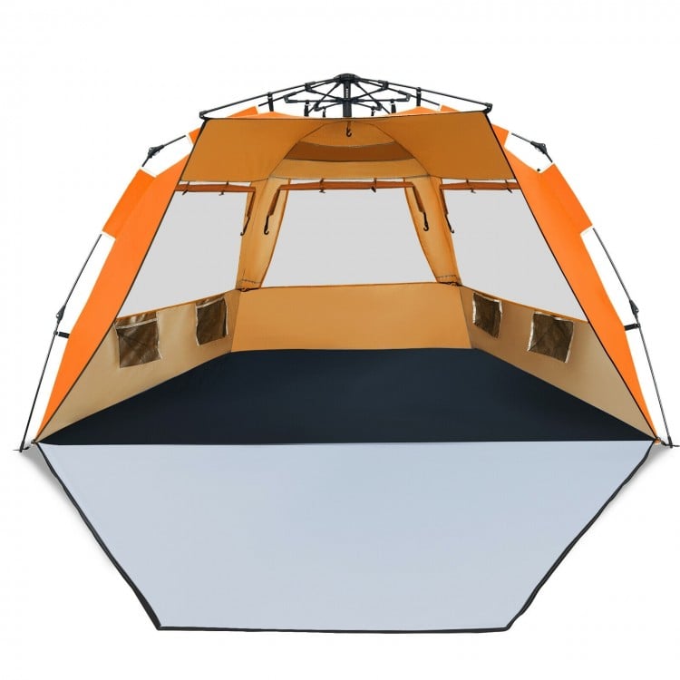 Spacious orange Easy Pop Up Beach Tent for 3-4 people, featuring UPF 50+ protection and large mesh windows for.