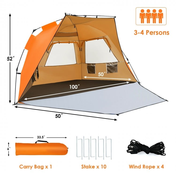 Orange Easy Pop Up Beach Tent for 3-4 persons, featuring UPF 50+ protection and spacious front porch for summer fun.