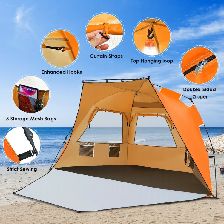 Easy pop-up beach tent in orange with UPF 50+ protection, spacious for 3-4 people, featuring large mesh windows.