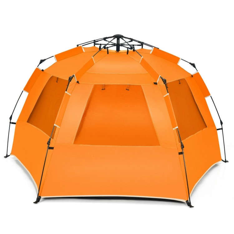 Orange Easy Pop Up Beach Tent with UPF 50+ protection, spacious for 3-4 people, featuring large mesh windows and front.