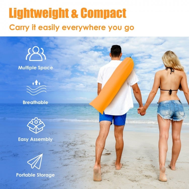 Bright orange Easy Pop Up Beach Tent with UPF 50+ sun protection, spacious for 3-4 people, perfect for summer outings.