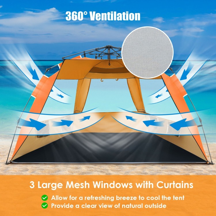 Easy pop-up beach tent with 3 large mesh windows for 360° ventilation, UPF 50+ sun protection, ideal for 3-4 people.