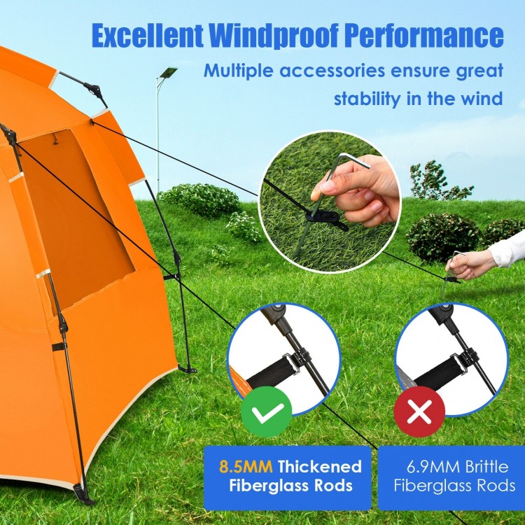 Close-up of the Easy Pop Up Beach Tent in orange, featuring windproof accessories and UPF 50+ sun protection for.