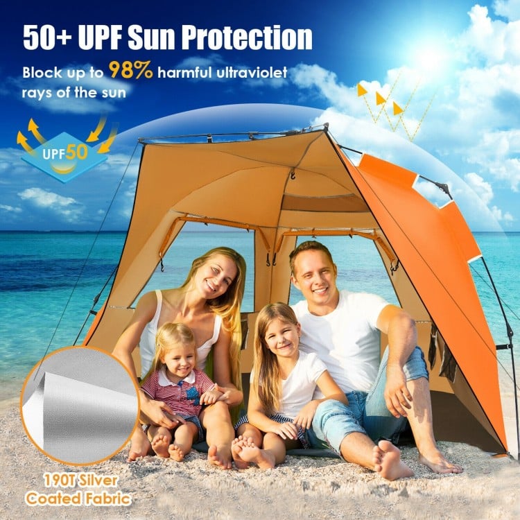 Easy pop-up beach tent in orange with UPF 50+ protection, spacious for 3-4 people, ideal for summer outings.