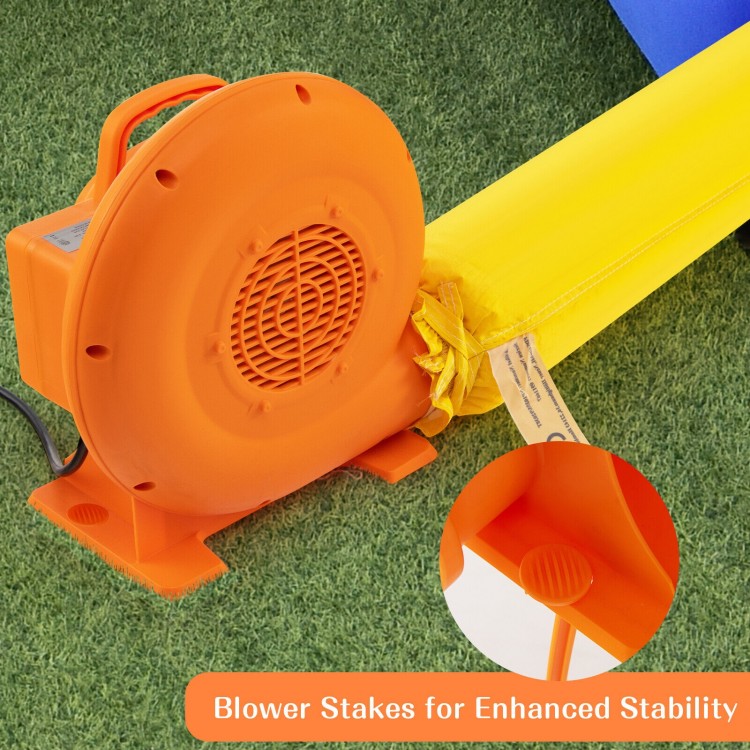 Close-up of the 380W air blower with orange casing, featuring blower stakes for enhanced stability and safety.