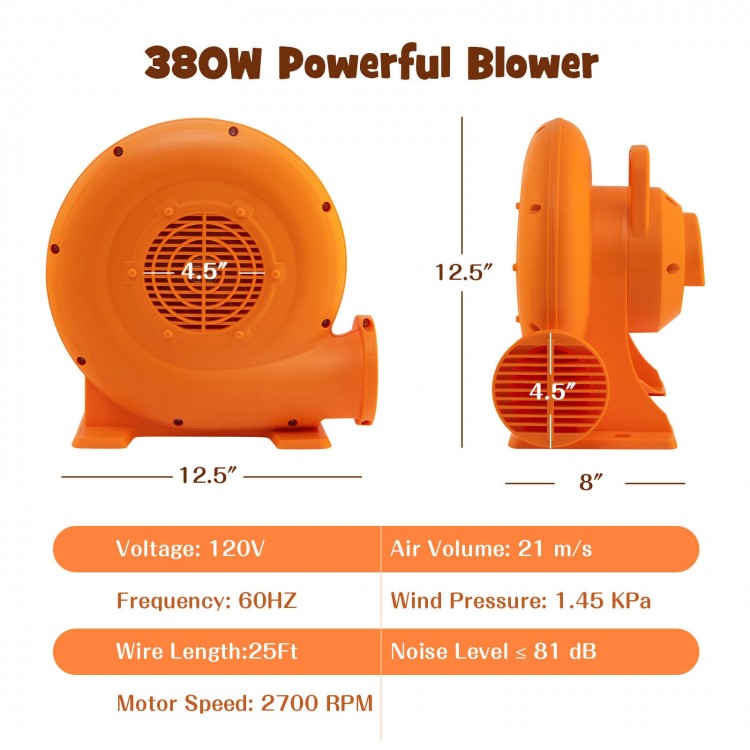 380W air blower for inflatables with 25ft wire, GFCI plug, and durable PP construction for safe outdoor use.