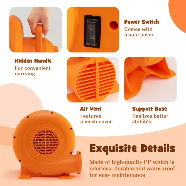 Close-up of the 380W air blower showing the power switch, air vent, and hidden handle for easy carrying and stability.