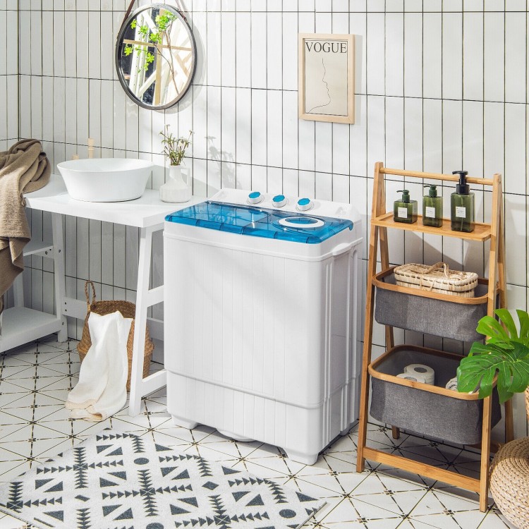 Portable semi-automatic twin tub washing machine in blue with 18 lbs washing and 8 lbs spinning capacity for efficient.