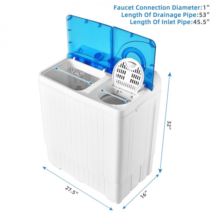 Portable semi-automatic twin tub washing machine with blue lid, featuring 18 lbs washing and 8 lbs spinning capacity.