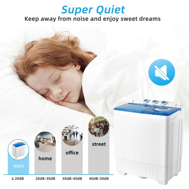 Portable semi-automatic twin tub washing machine in blue, featuring 18 lbs washer and 8 lbs spinner, ideal for small.