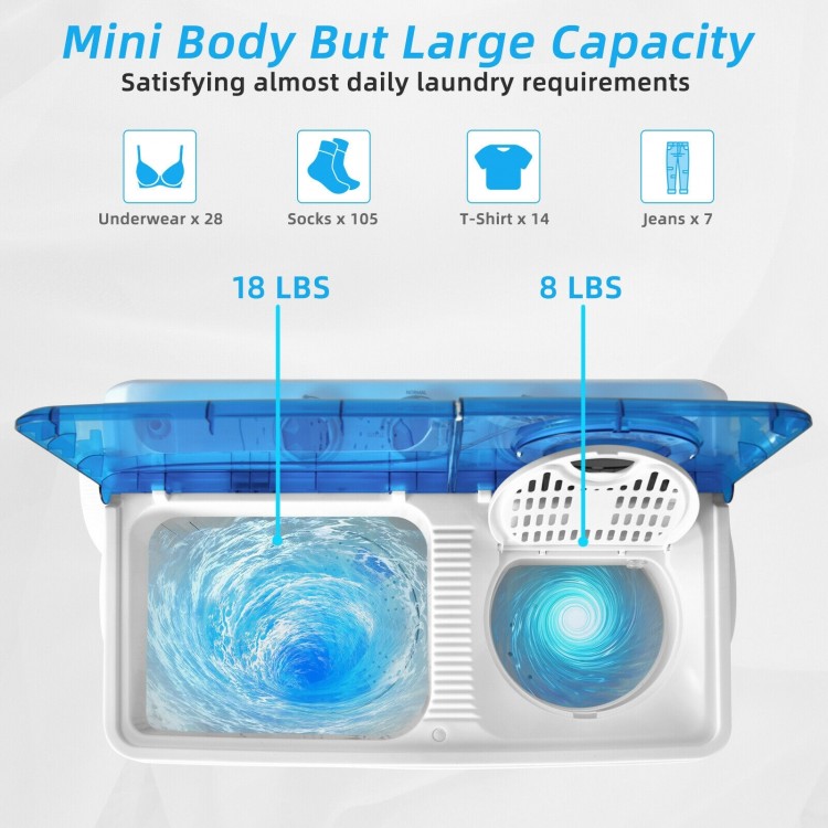 Portable semi-automatic twin tub washing machine in blue, featuring 18 lbs washing and 8 lbs spinning capacity for.