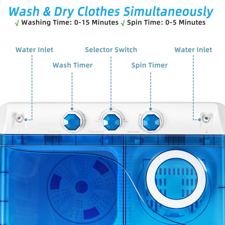 Portable semi-automatic twin tub washing machine controls, featuring wash and spin timers for efficient laundry.