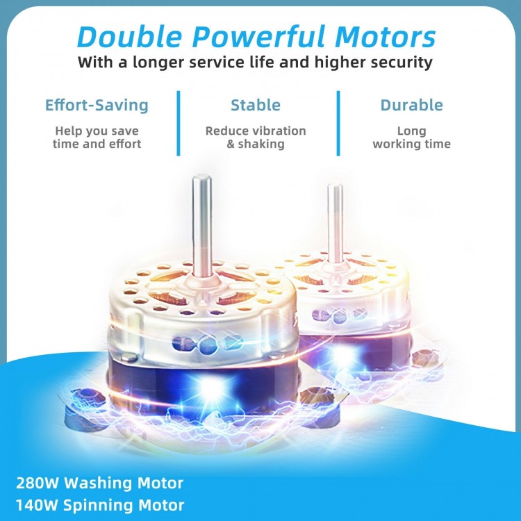 Portable semi-automatic twin tub washing machine with 280W washing motor and 140W spinning motor, ideal for small.