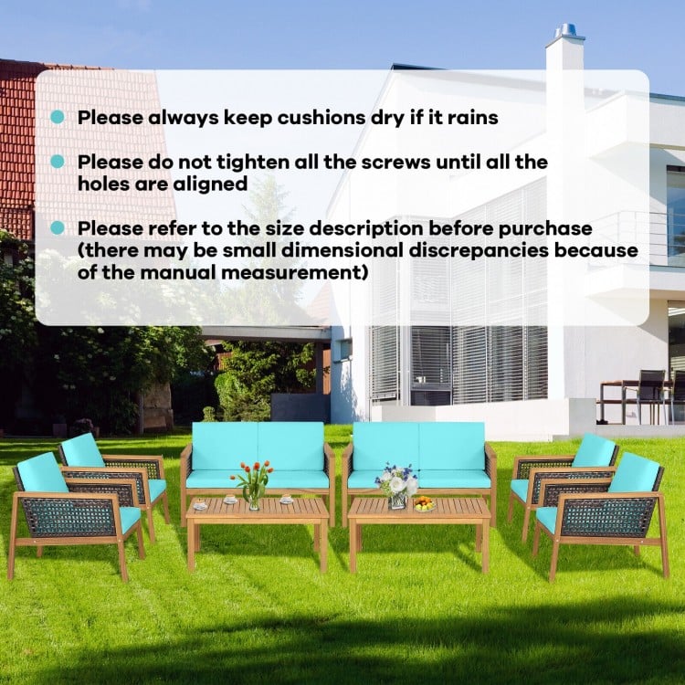 4-piece patio rattan furniture set with turquoise cushions, featuring acacia wood and ergonomic design for outdoor.