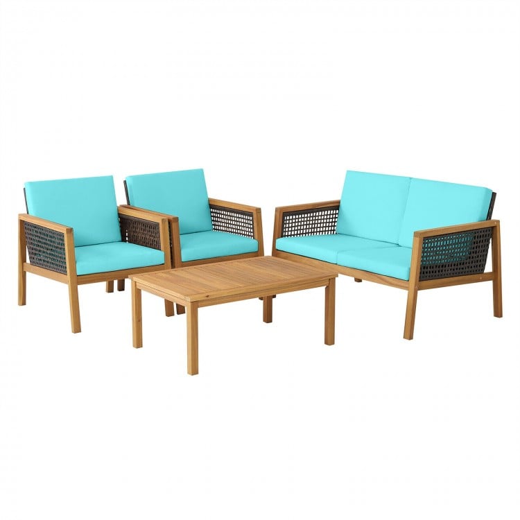 4-piece patio rattan furniture set featuring turquoise cushions and solid acacia wood, perfect for outdoor relaxation.