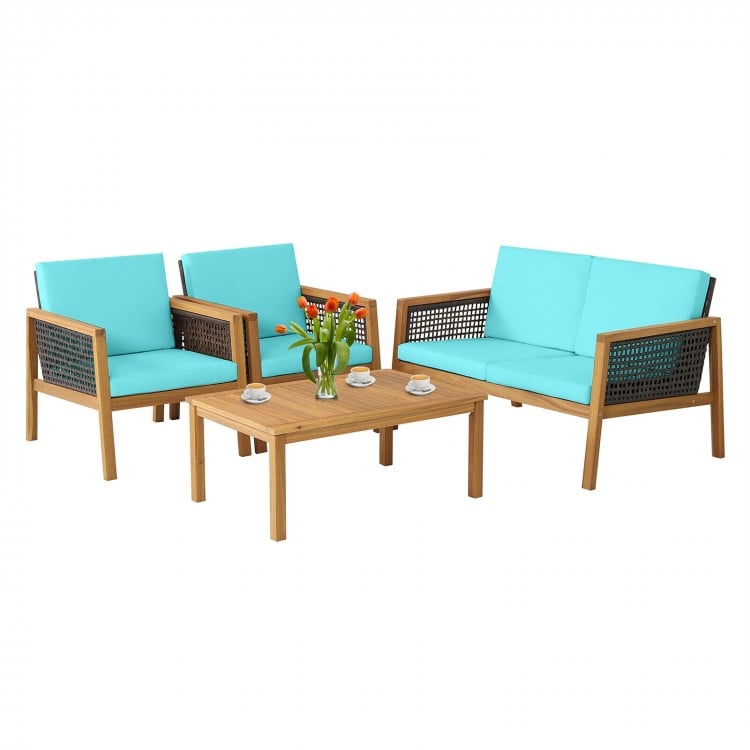 4-piece patio rattan furniture set in turquoise with acacia wood, featuring removable cushions and a large tabletop for.