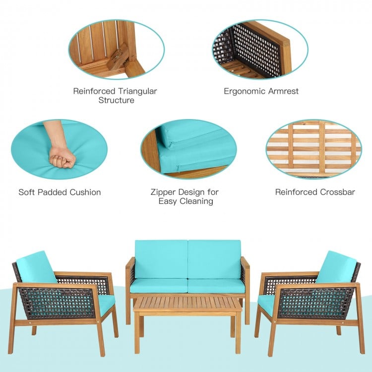 Turquoise padded cushions on a 4-piece patio rattan furniture set made of acacia wood, designed for outdoor comfort.