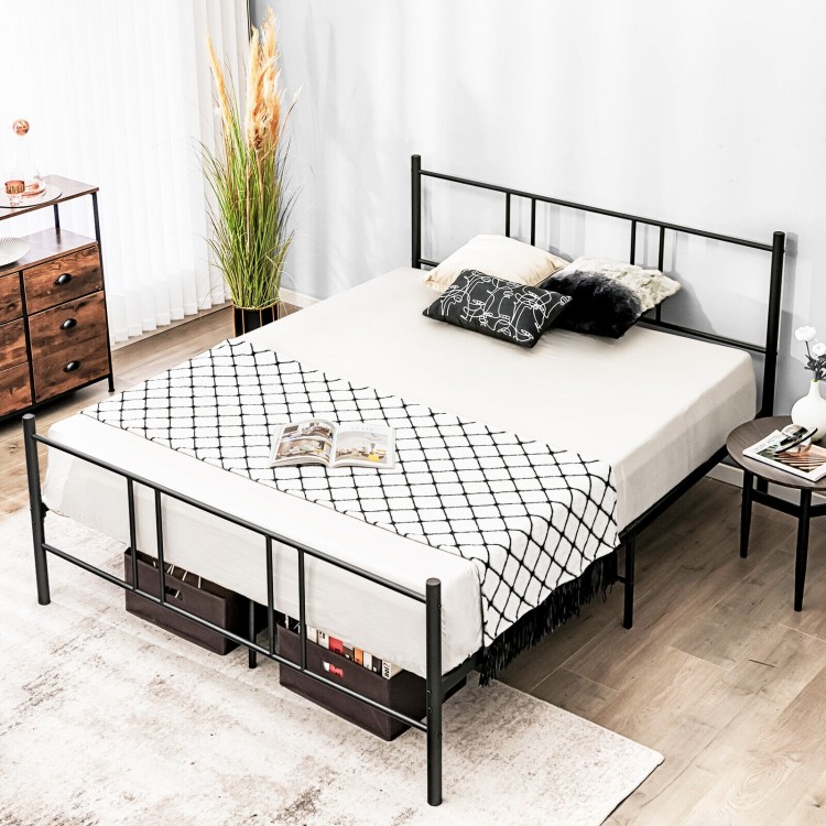 Full/Queen size platform bed frame with high headboard in black steel, designed for sturdy support and noise reduction.