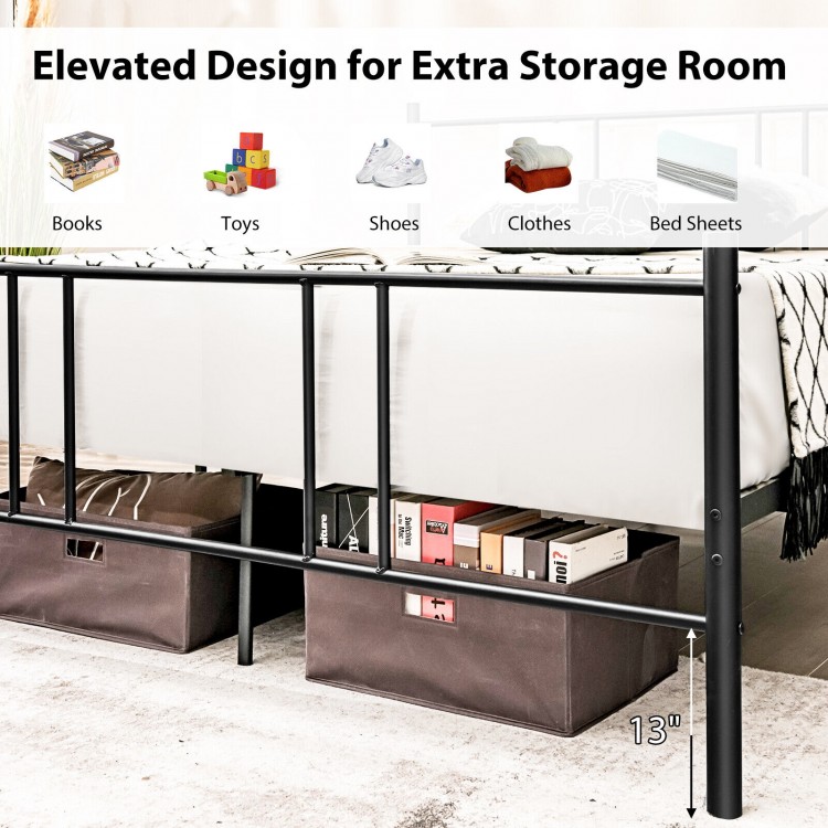 Elevated black steel platform bed frame with high headboard, 13" clearance for under-bed storage and noise reduction.