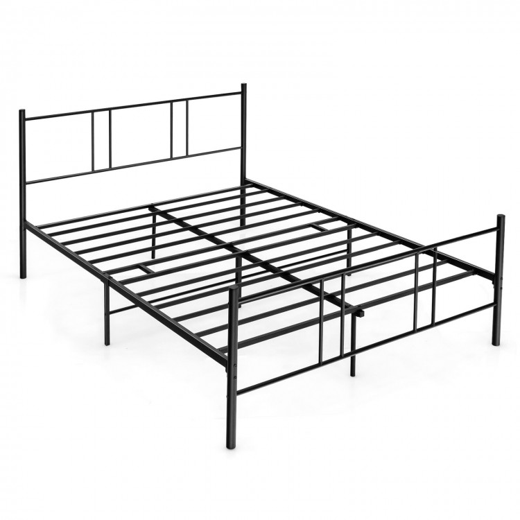 Full/Queen size platform bed frame in black steel with high headboard, designed for sturdy support and noise reduction.