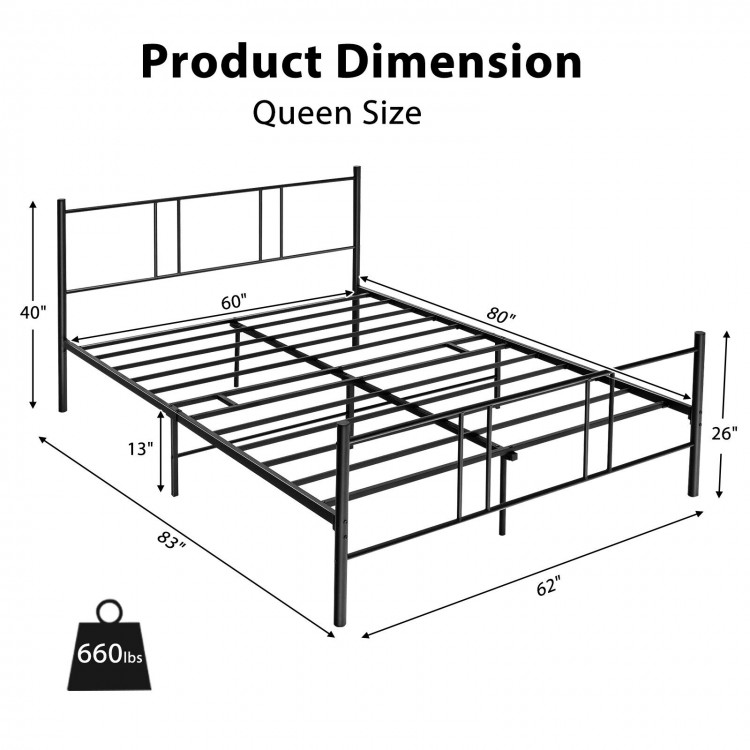 Queen size platform bed frame with high headboard, sturdy steel construction, and 13" clearance for storage.