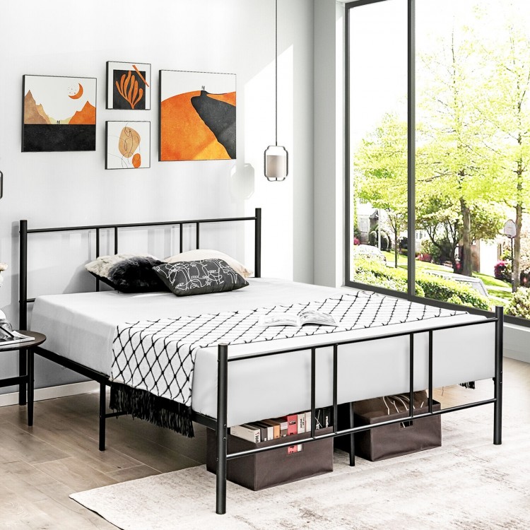 Full/Queen size platform bed frame with high headboard, sturdy steel construction, and 13" clearance for storage.