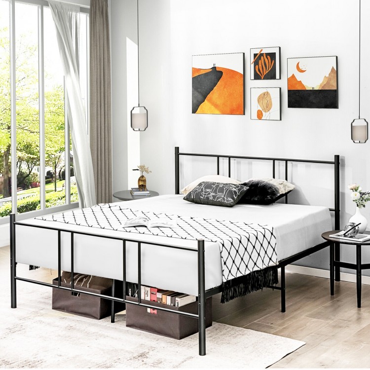 Full/Queen size platform bed frame with high headboard, sturdy steel construction, and 13" height for under-bed storage.