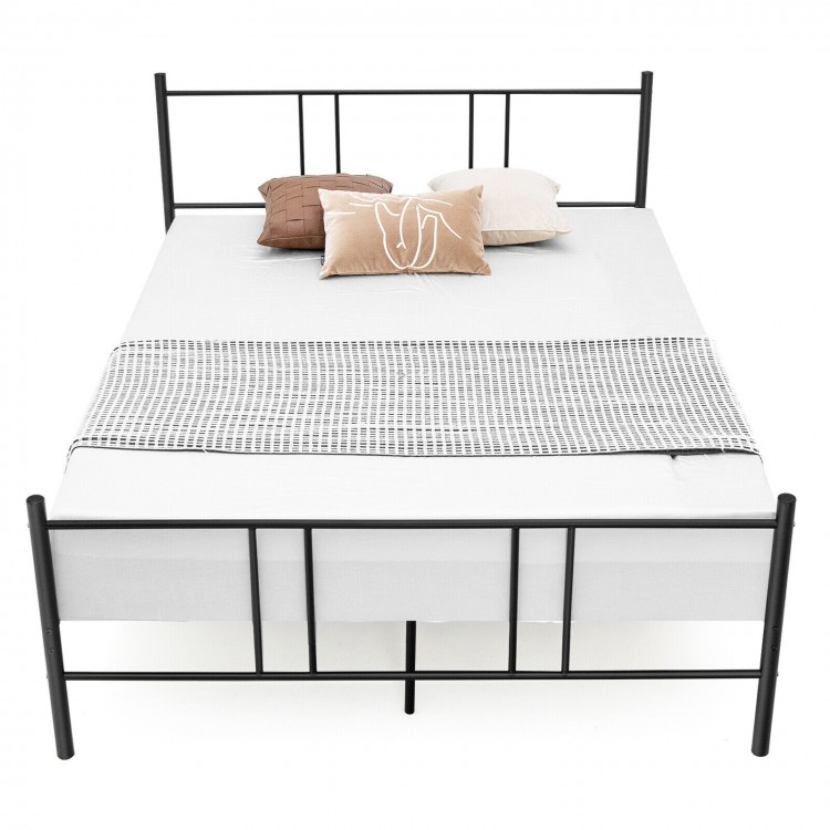 Full/Queen size platform bed frame in black steel with high headboard, designed for durability and noise reduction.