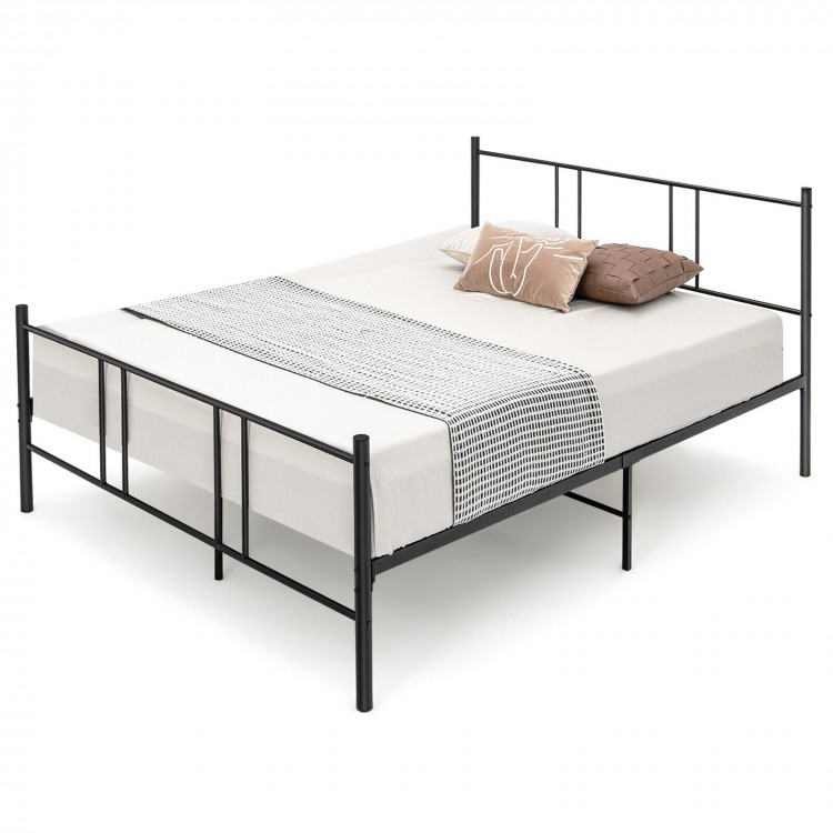 Black steel platform bed frame with high headboard, featuring anti-slip pads and a sturdy design for long-term use.