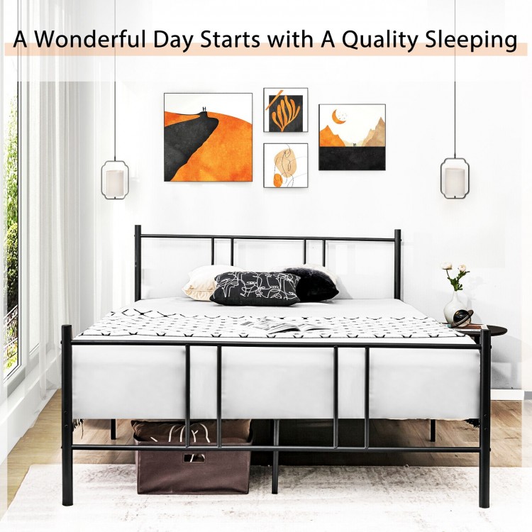 Full/Queen size platform bed frame with high headboard in all-black steel, designed for sturdy support and noise.