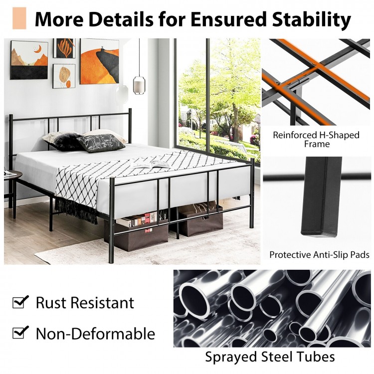 Full/Queen size platform bed frame with high headboard, reinforced steel structure, rust-resistant, and anti-slip pads.