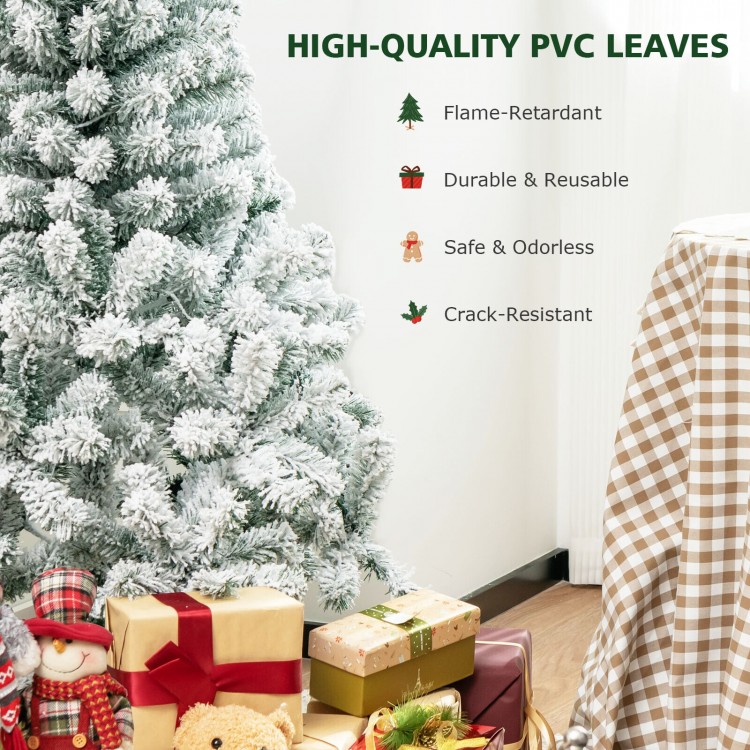 4.5 ft pre-lit snow flocked Christmas tree with 150 LED lights, featuring durable PVC leaves for festive holiday decor.