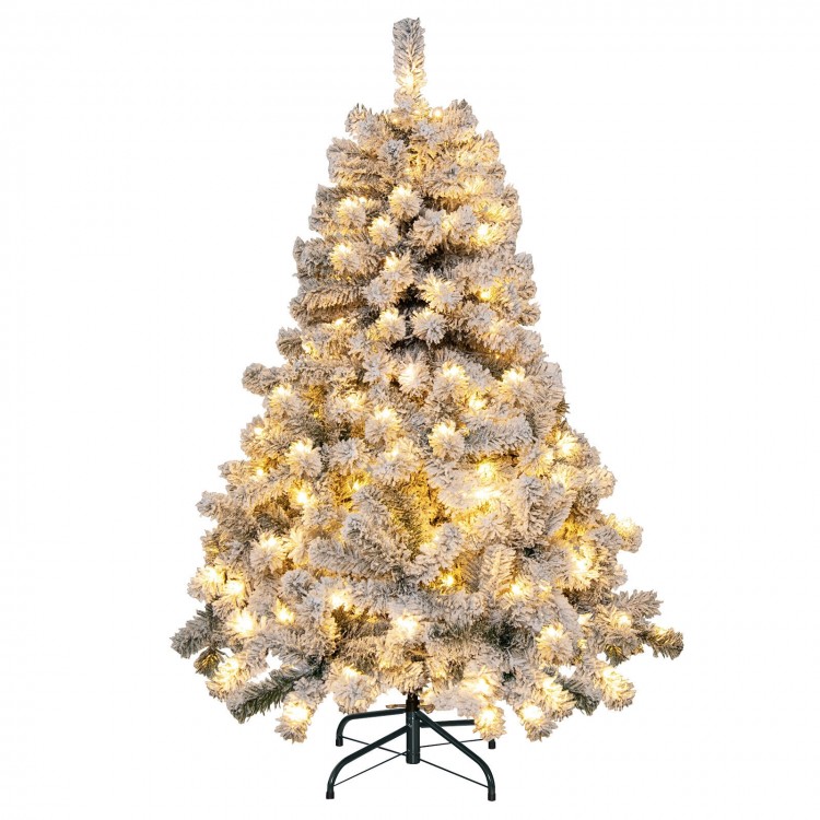 4.5 ft pre-lit snow flocked Christmas tree with 150 warm white lights, perfect for creating festive holiday cheer.