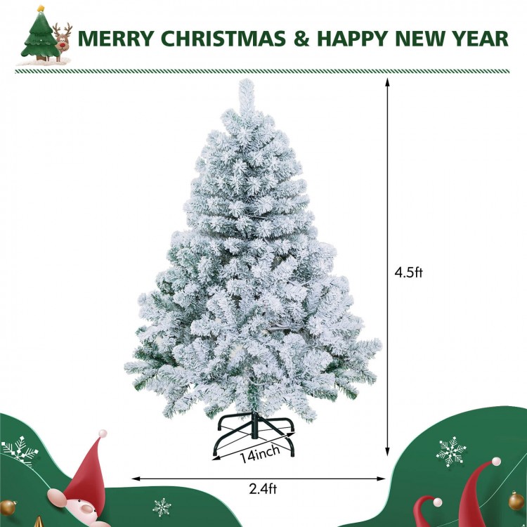 4.5 feet pre-lit snow flocked Christmas tree with 150 warm white LED lights for festive holiday decor.