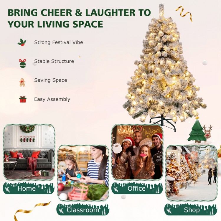 4.5 ft pre-lit snow flocked Christmas tree with 150 LED lights, perfect for creating a festive atmosphere in any space.
