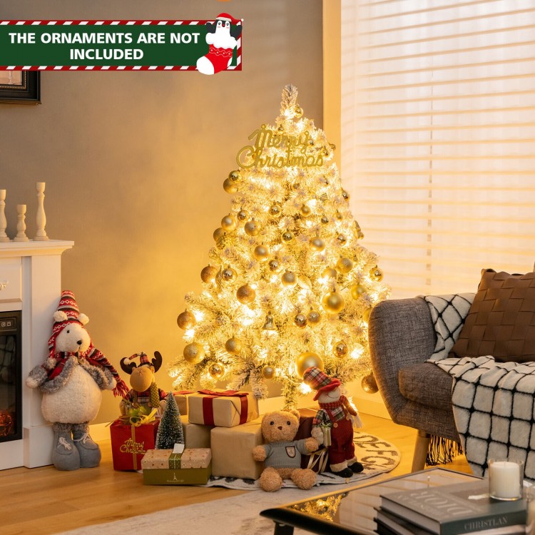 4.5 feet pre-lit snow flocked Christmas tree with 150 warm white LED lights, perfect for festive holiday decor.