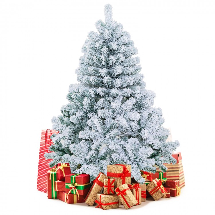 Snow-flocked 4.5 ft Christmas tree with 150 warm white lights and festive gifts, perfect for holiday decoration.
