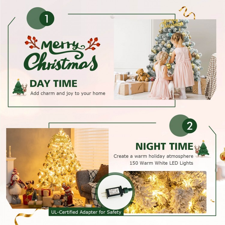 4.5 ft pre-lit snow flocked Christmas tree with 150 warm white LED lights, perfect for creating a festive holiday.