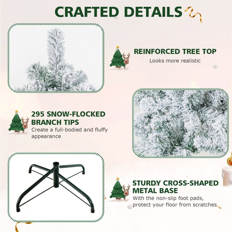 Snow-flocked Christmas tree with 295 branch tips and 150 warm white lights, perfect for festive holiday decor.