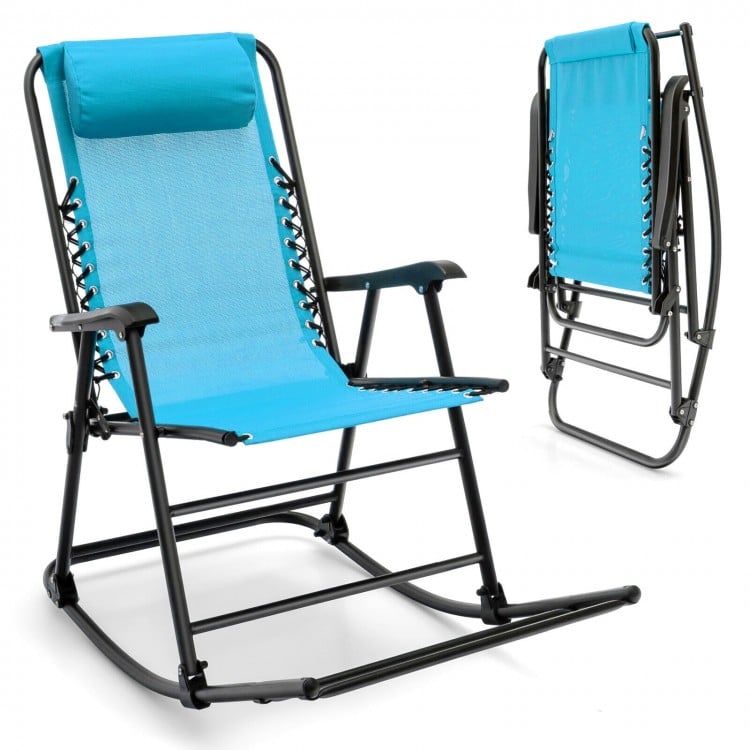 Lightweight folding rocking chair with navy fabric, ergonomic design, and footrest, perfect for outdoor relaxation.