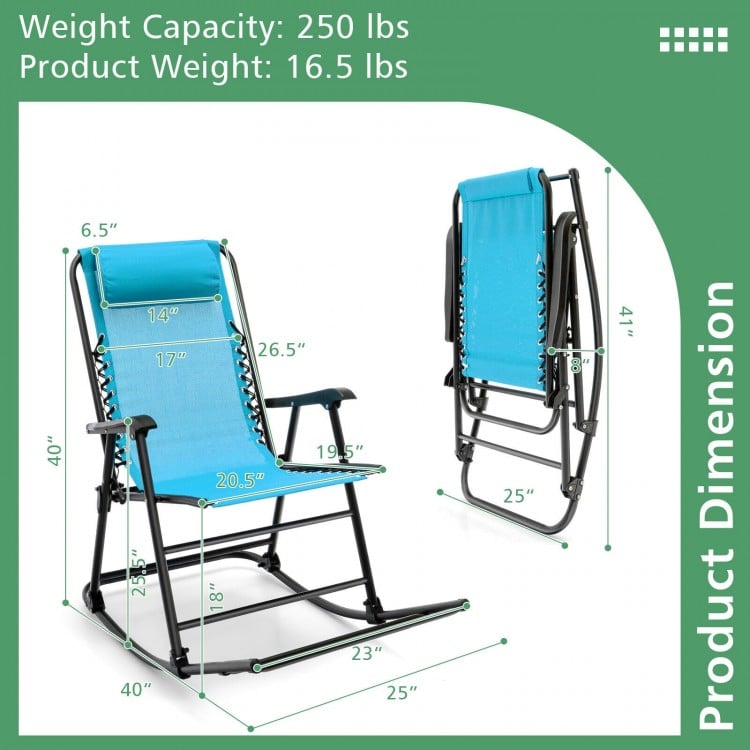 Folding rocking chair with footrest in navy, featuring a sturdy steel frame and breathable fabric for outdoor.