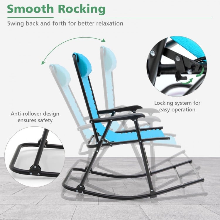 Lightweight folding rocking chair in navy with ergonomic design, footrest, and locking system for outdoor relaxation.