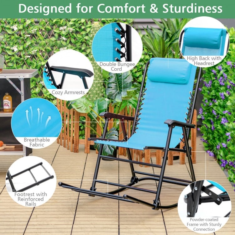 Lightweight folding rocking chair in navy with breathable fabric, high back, and footrest, perfect for outdoor.